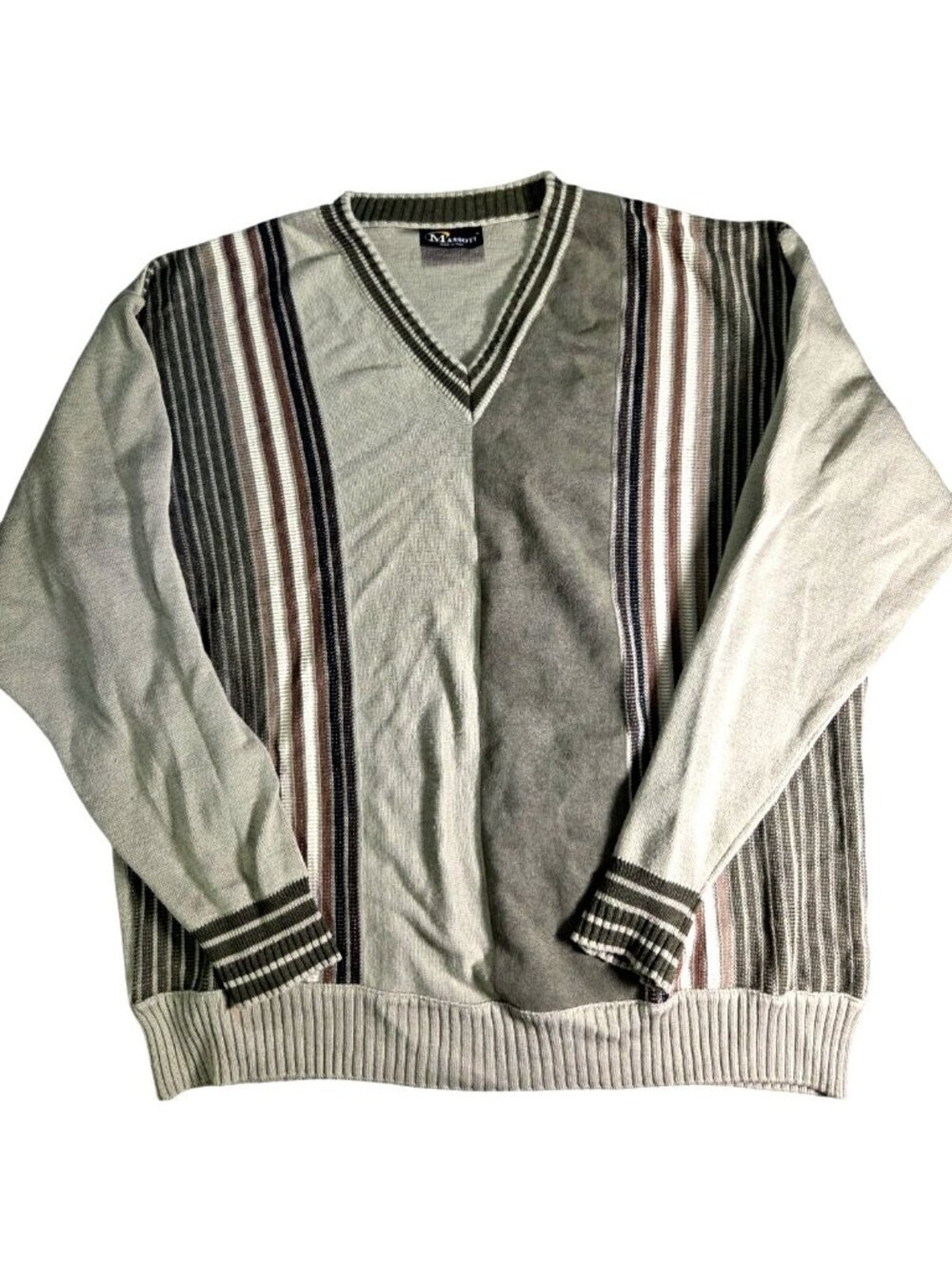 Vtg 90s Mens Striped V Neck Multimedia Sweater Sz XL Grandpa Retro Preppy Luxury